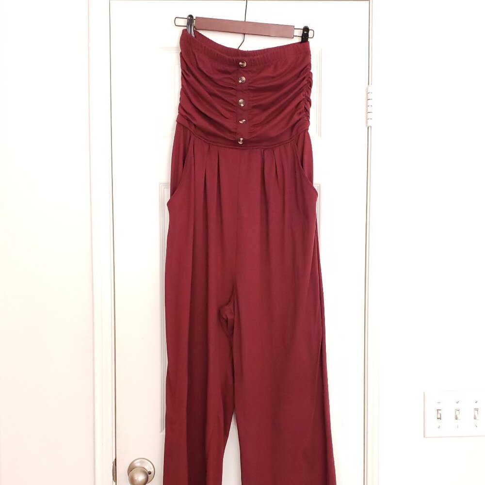 Woman Burgundy Stretchy Cute Tube Top Jumpsuit - Picture 1 of 8